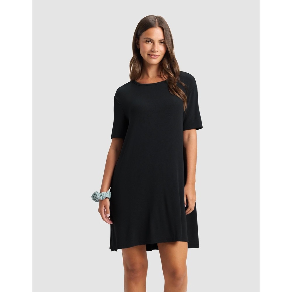 Cozy Earth Women's Black Bamboo Rib-Knit Boyfriend Sleep Dress Nightshirt Large